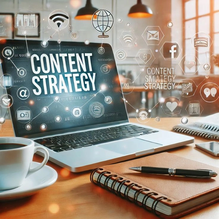 A laptop displaying “Content Strategy” sits on a desk with a notebook, pen, and coffee cup, surrounded by floating digital icons representing social media, communication, online content, and brand strategy.