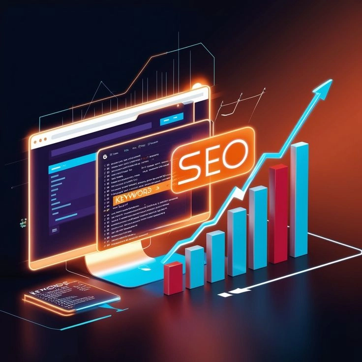A futuristic SEO and digital marketing illustration featuring a glowing website interface, an orange “SEO” sign, rising bar charts, and an upward blue arrow representing website growth, search optimization, and improved online performance.
