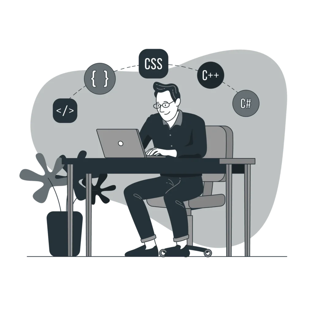 A monochrome illustration of a software developer sitting at a desk with a laptop, surrounded by programming icons representing HTML/code, CSS, C++, C#, and other web development technologies.