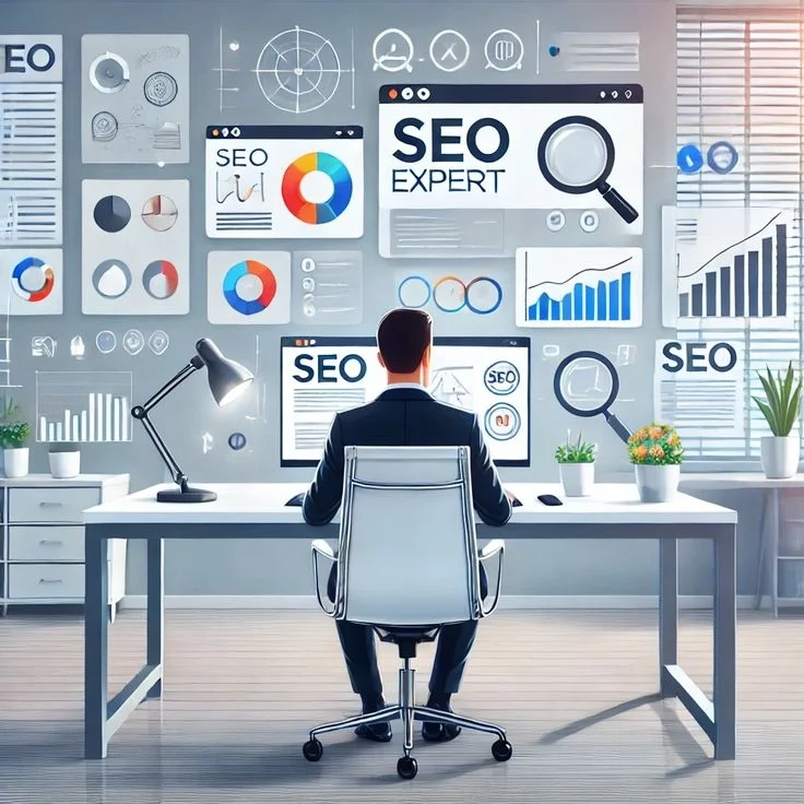 An SEO professional sits at a desk facing multiple screens and wall displays showing SEO dashboards, charts, analytics, graphs, and search optimization concepts, representing digital marketing and website performance analysis.