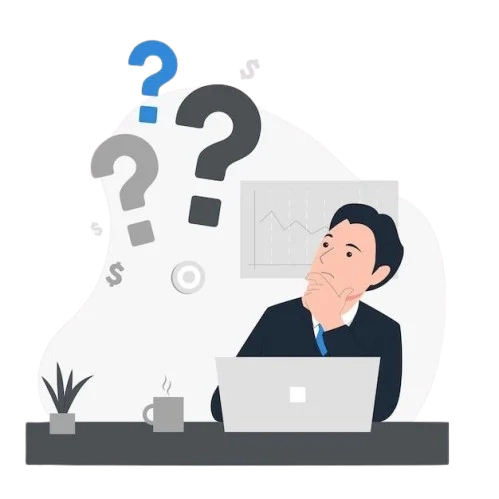 A minimalist illustration of a person sitting at a desk with a laptop, looking confused and thinking, surrounded by large question marks and symbols representing problem-solving, uncertainty, and finding answers.